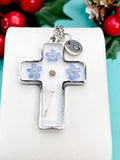 Real Mustard Seed Dandelion Seed with Forget Me Not Cross Necklace, Personalized Press Dried Flower Jewelry, N7447
