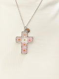 Real Mustard Seed with Pink Flower Blossom Cross Necklace, Personalized Press Dried Flower Jewelry, N7448