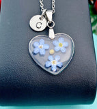 Real Mustard Seed Forget Me Not Necklace, Real Flower Resin Heart Pendant, Personalized Meaningful Jewelry Gift for Her, N7481