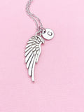 Angel Wing Pendant Necklace, Silver Wing Charm with Personalized Initial Jewelry, N7419