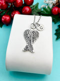 Angel Wings Pendant Necklace, Silver Wings Charm with Personalized Initial Jewelry, N7421