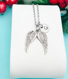 Guardian Angel Pendant Necklace, Silver Wings Charm with Personalized Initial Jewelry, N7425