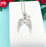 Guardian Angel Pendant Necklace, Silver Wings Charm with Personalized Initial Jewelry, N7425