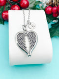Guardian Angel Pendant Necklace, Silver Heart with Wings Charm with Personalized Initial Jewelry, N7426