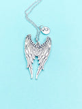 Guardian Angel Pendant Necklace, Silver Large Wings Charm with Personalized Initial Jewelry, N7427