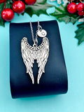 Guardian Angel Pendant Necklace, Silver Large Wings Charm with Personalized Initial Jewelry, N7427