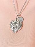 Guardian Angel Heart Pendant Necklace, Silver Angel Wings Charm with Personalized Initial Jewelry, N7430