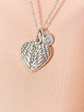 Guardian Angel Heart Pendant Necklace, Silver Angel Wings Charm with Personalized Initial Jewelry, N7430