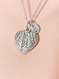 Guardian Angel Heart Pendant Necklace, Silver Angel Wings Charm with Personalized Initial Jewelry, N7430