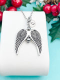 Guardian Angel Pendant Necklace, Silver Angel Wings Charm with Personalized Initial Jewelry, N7432