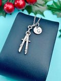 Architect Compass Necklace, Silver Architect Compass Charm with Personalized Initial Jewelry, N2265