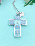 Real Mustard Seed with Forget Me Not Cross Necklace, Personalized Press Dried Flower Jewelry, N7444