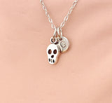 Tiny Skull Charm Necklace, Personalized Initial Pendant, Halloween Jewelry, N4421