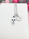 Tiny Skull Charm Necklace, Personalized Initial Pendant, Halloween Jewelry, N4421