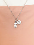 Tiny Skull Charm Necklace, Personalized Initial Pendant, Halloween Jewelry, N4421