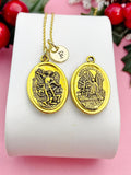Gold Saint Michael Guardian Angel Medal Pendant Necklace, Personalized Initial Jewelry, N7449