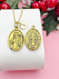 Gold Saint Benedict Medal Necklace, Oval Protection Pendant, Personalized Initial Charm, Religious Jewelry Gift, N7450