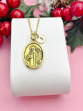 Gold Saint Benedict Medal Necklace, Oval Protection Pendant, Personalized Initial Charm, Religious Jewelry Gift, N7450