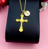 Gold Crucifix Cross Pendant Necklace, Personalized Initial Charm, Christian Jewelry Gift, N7453