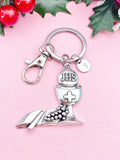Silver Communion Keychain, Chalice & Host Charm, Personalized Initial Car Charm, Religious Gift Keepsake, N7454