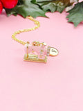 Gold Pink Sewing Machine Necklace, Gold Crafting Pendant, Personalized Initial Charm, Gift for Seamstress or Quilter, N7460