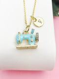 Gold Blue Sewing Machine Necklace, Gold Crafting Pendant, Personalized Initial Charm, Gift for Seamstress or Quilter, N7461