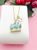Gold Blue Sewing Machine Necklace, Gold Crafting Pendant, Personalized Initial Charm, Gift for Seamstress or Quilter, N7461