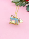 Gold Blue Sewing Machine Necklace, Gold Crafting Pendant, Personalized Initial Charm, Gift for Seamstress or Quilter, N7461