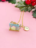 Gold Blue Sewing Machine Necklace, Gold Crafting Pendant, Personalized Initial Charm, Gift for Seamstress or Quilter, N7461