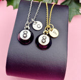 Eight Ball Necklace, Black & White Pool Ball Pendant, Personalized Initial Charm, Gift for Billiards Player, N7462