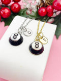 Eight Ball Necklace, Black & White Pool Ball Pendant, Personalized Initial Charm, Gift for Billiards Player, N7462