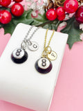 Eight Ball Necklace, Black & White Pool Ball Pendant, Personalized Initial Charm, Gift for Billiards Player, N7462