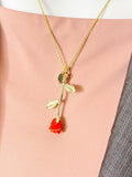 Gold Rose Necklace, Red Rosebud Pendant, Personalized Initial Charm, Romantic Jewelry Gift for Her, N7463