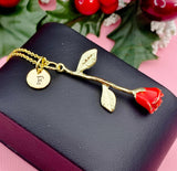 Gold Rose Necklace, Red Rosebud Pendant, Personalized Initial Charm, Romantic Jewelry Gift for Her, N7463