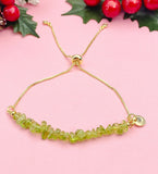 Gold Peridot Bracelet, Natural Gemstone Chip Adjustable Bracelet, Personalized Heart Charm, August Birthstone Gift for Her, 7472