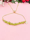 Gold Peridot Bracelet, Natural Gemstone Chip Adjustable Bracelet, Personalized Heart Charm, August Birthstone Gift for Her, 7472