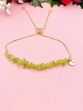 Gold Peridot Bracelet, Natural Gemstone Chip Adjustable Bracelet, Personalized Heart Charm, August Birthstone Gift for Her, 7472