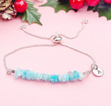 Natural Amazonite Bracelet, Light Blue Gemstone Chip Adjustable Bracelet, Personalized Initial Charm, Calming Jewelry Gift for Her, 7473