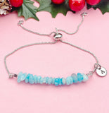 Natural Amazonite Bracelet, Light Blue Gemstone Chip Adjustable Bracelet, Personalized Initial Charm, Calming Jewelry Gift for Her, 7473