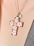 Real Mustard Seed with Pink Flower Blossom Cross Necklace, Personalized Press Dried Flower Jewelry, N7448