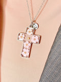 Real Mustard Seed with Pink Flower Blossom Cross Necklace, Personalized Press Dried Flower Jewelry, N7448