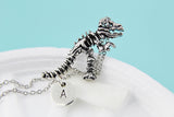 Halloween Dinosaur Skeleton Necklace, Gothic T-Rex Initial Charm