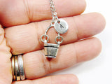 Silver Bucket Charm Necklace, Personalized Initial, Stainless Steel Chain