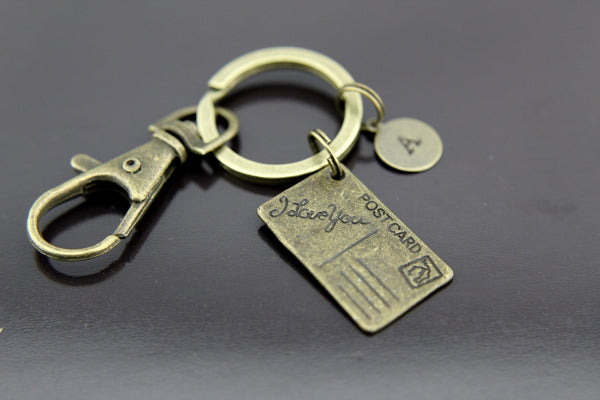 Bronze Postcard Charm Keychain, Postcard Charm, The Letter Keychain, Personalized Keychain, Initial Charm, Initial Keychain, Customized