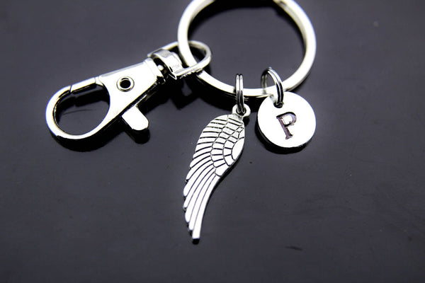 Guardian Angel Key ring, Silver Guardian Angel Wing Charm Keychain, Guardian Angel Jewelry Gifts, Personalized Initial Charm Keychain