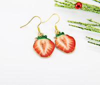 Red Strawberry Earrings, Gold Strawberry Charm Earrings, Strawberry Jewelry, Fruit Jewelry, Miniature Earrings, Christmas Gift, N1466