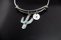 Silver Cactus Bracelet, Cactus Charm, Tree Charm, Gardening Gardener Gift, Stainless Steel Bangle, Personalized initial Jewelry, N2297