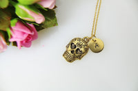 Halloween Skull Necklace Gift, Gold Skull With Heart Eyes Charm, Sugar Skull Charm, Skull Charm, Halloween Gift, Personalized Gift N428