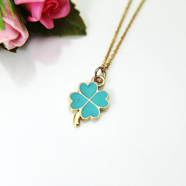 Gold Clover Charm Necklace, Shamrock Charm Necklace, Blue Clover Charm, Luck Charm, Good Luck Gift, Personalized Gift, Christmas Gift, N591