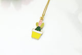 Gold Cactus Charm Necklace, Mini Cacti, Green Pink Yellow Cactus Pot Charm, Cactus Jewelry, Personalized Gift, Christmas Gift, N605